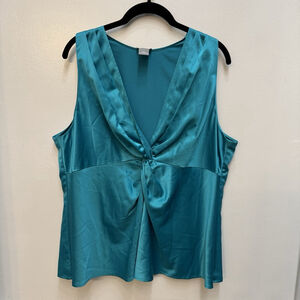 Ann Taylor Twist Front Sleeveless Silky Top Blouse Teal Blue Size 18 Side Zip